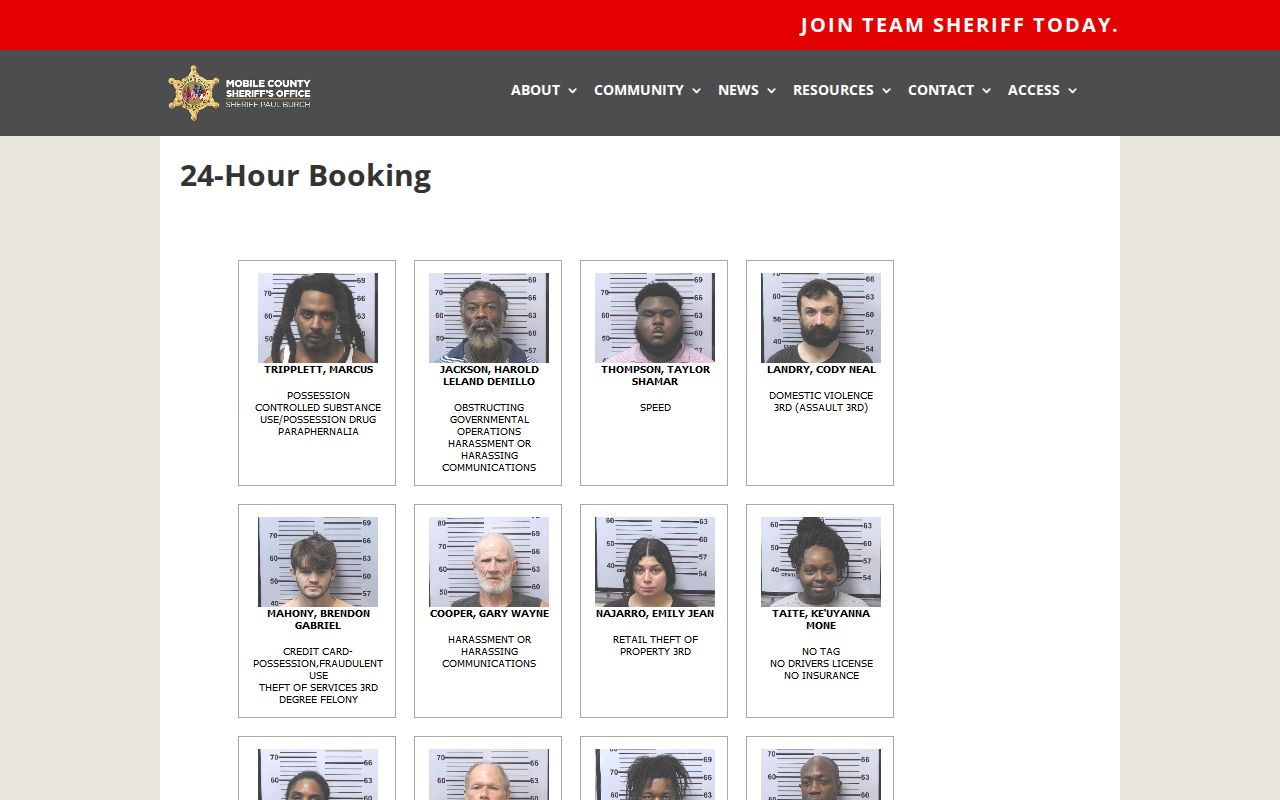 Mobile County arrests today official MCSO 24-Hour Booking page