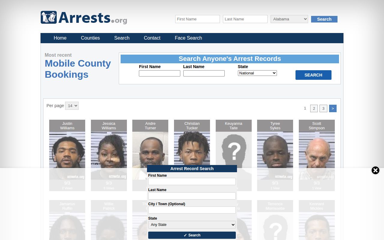 Unofficial Arrests.org Mobile County arrest archive interface