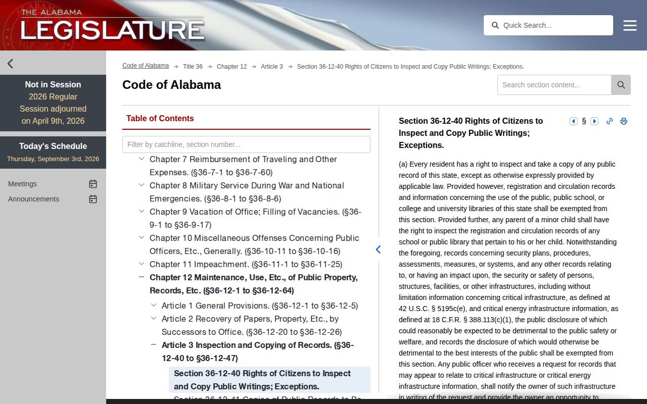 Alabama Code section 36-12-40 public records statute page