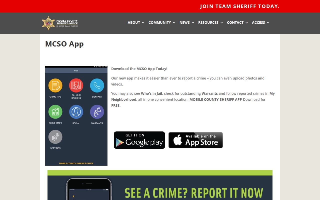 Mobile County Sheriff Office app information page with jail and warrant features