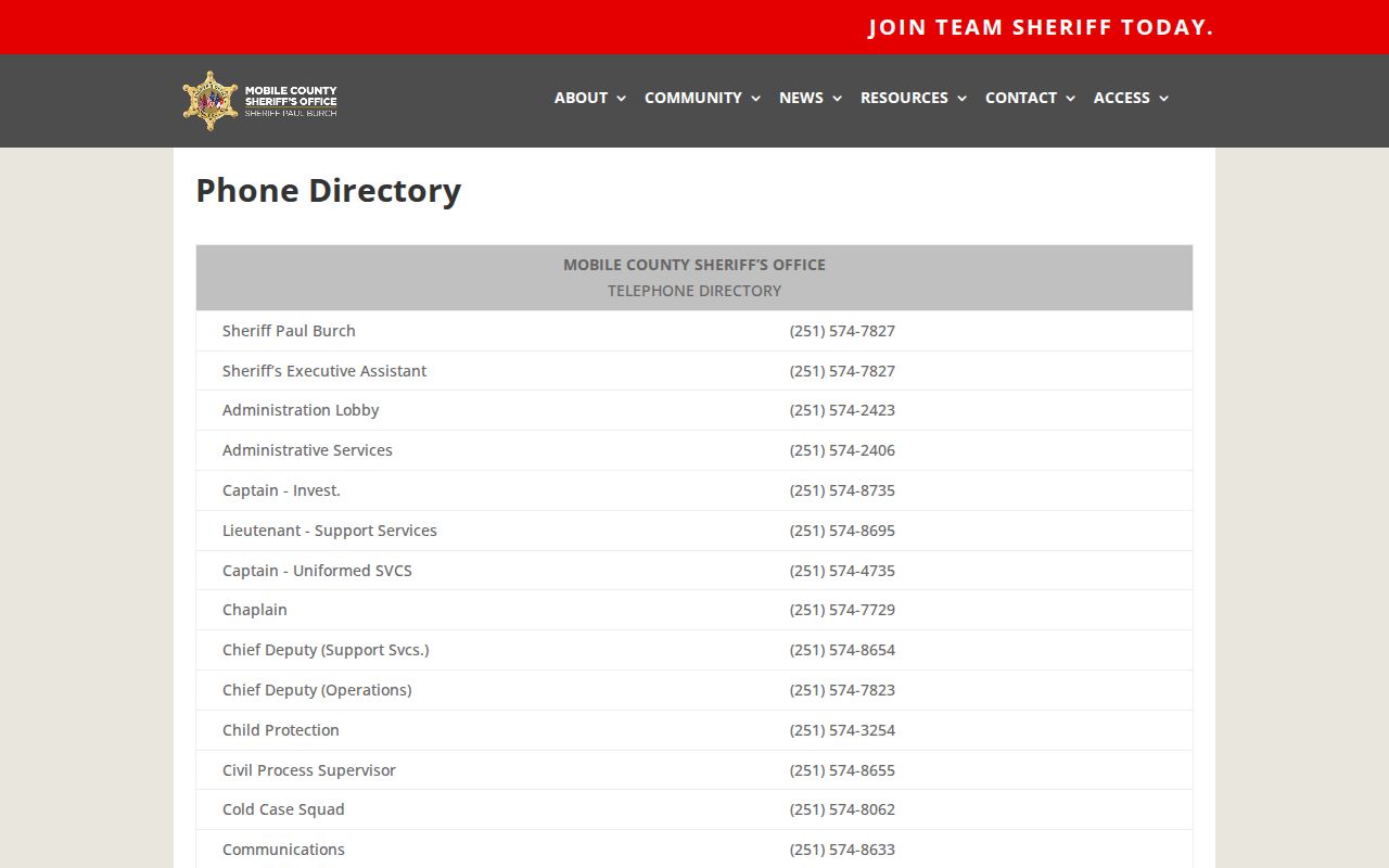 Mobile County Sheriff Office phone directory for records warrants and Metro Jail contacts