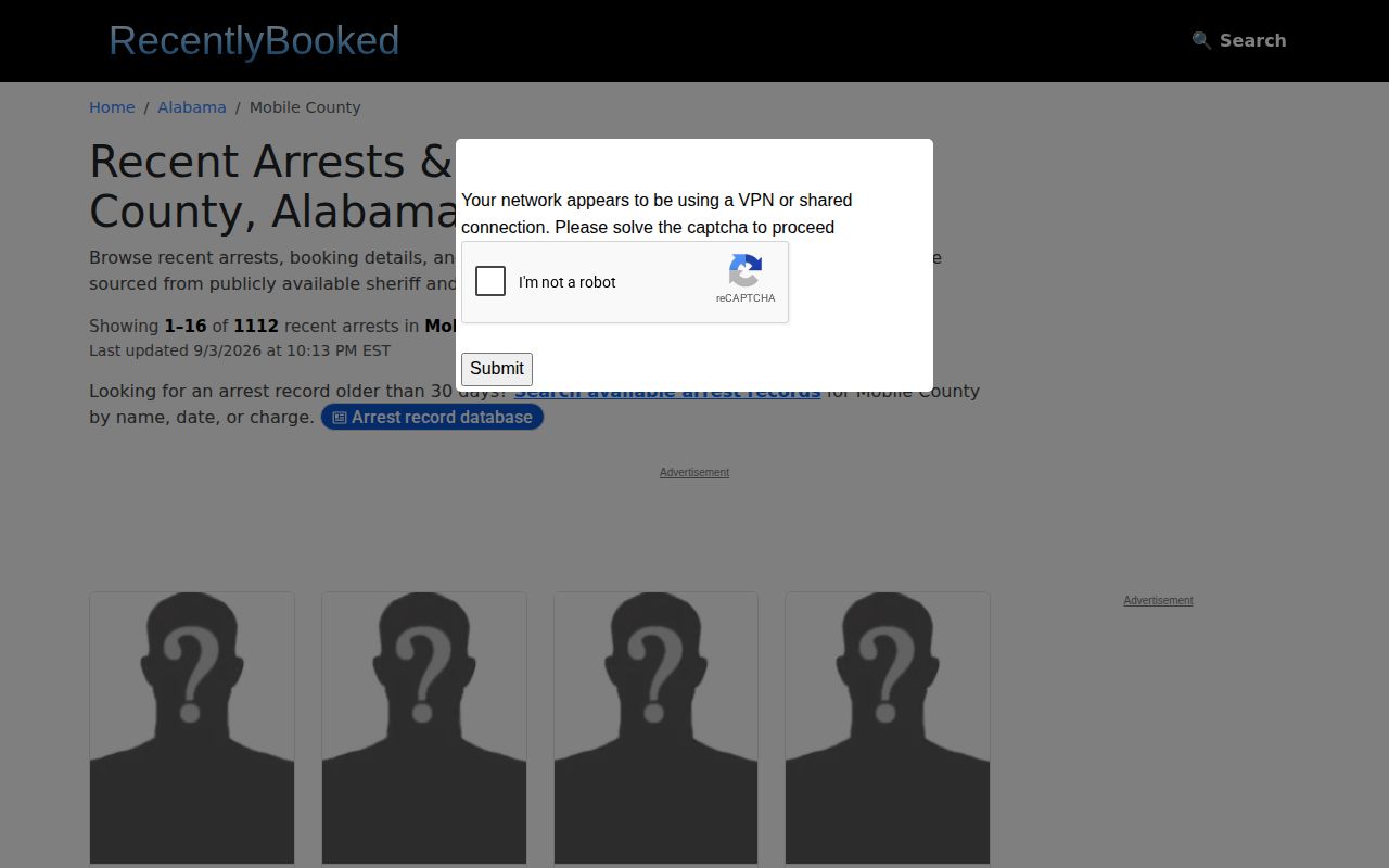RecentlyBooked unofficial Mobile County archive information screen