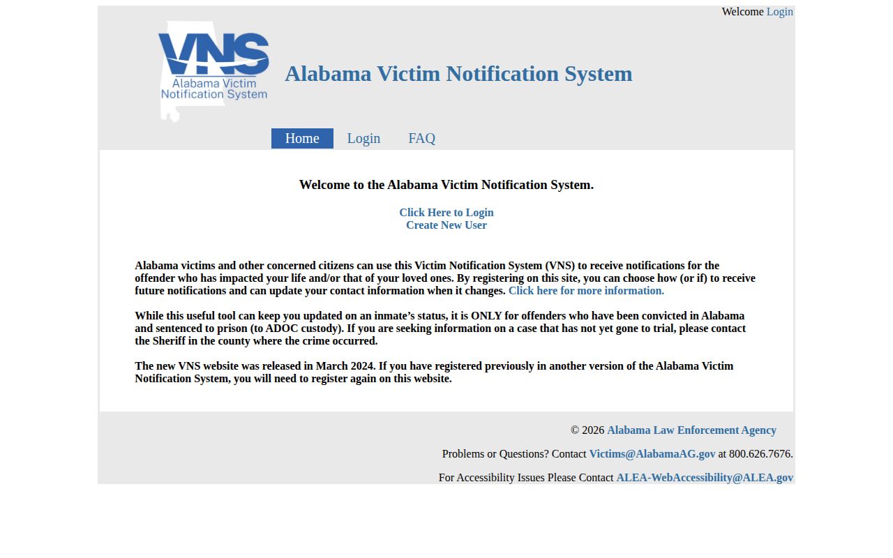 Alabama VNS registration for post-conviction custody alerts