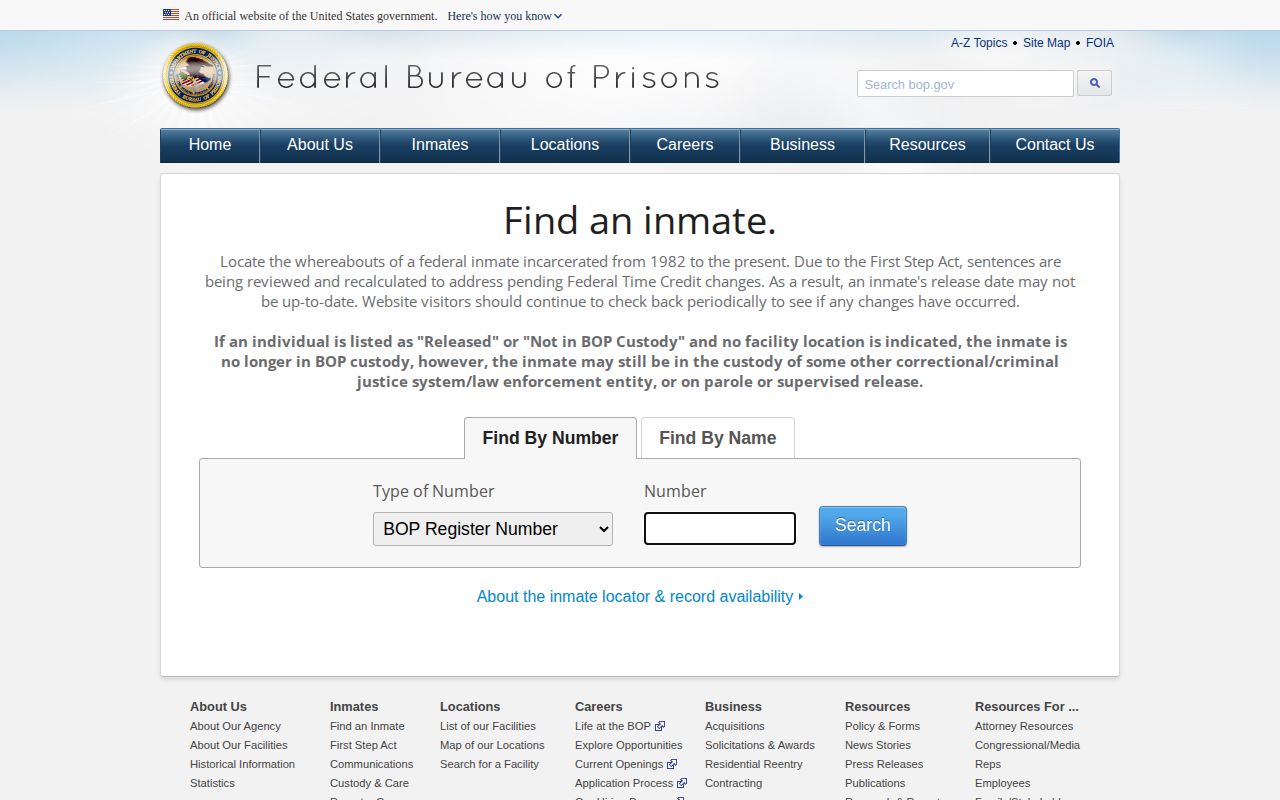 Federal BOP locator for custody outside Mobile County VINE
