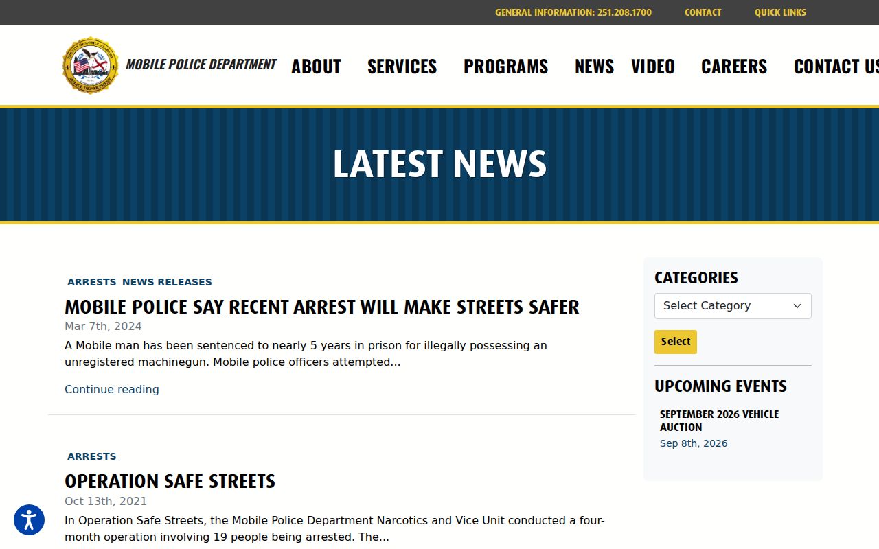 Mobile Police Department arrest-category news archive interface
